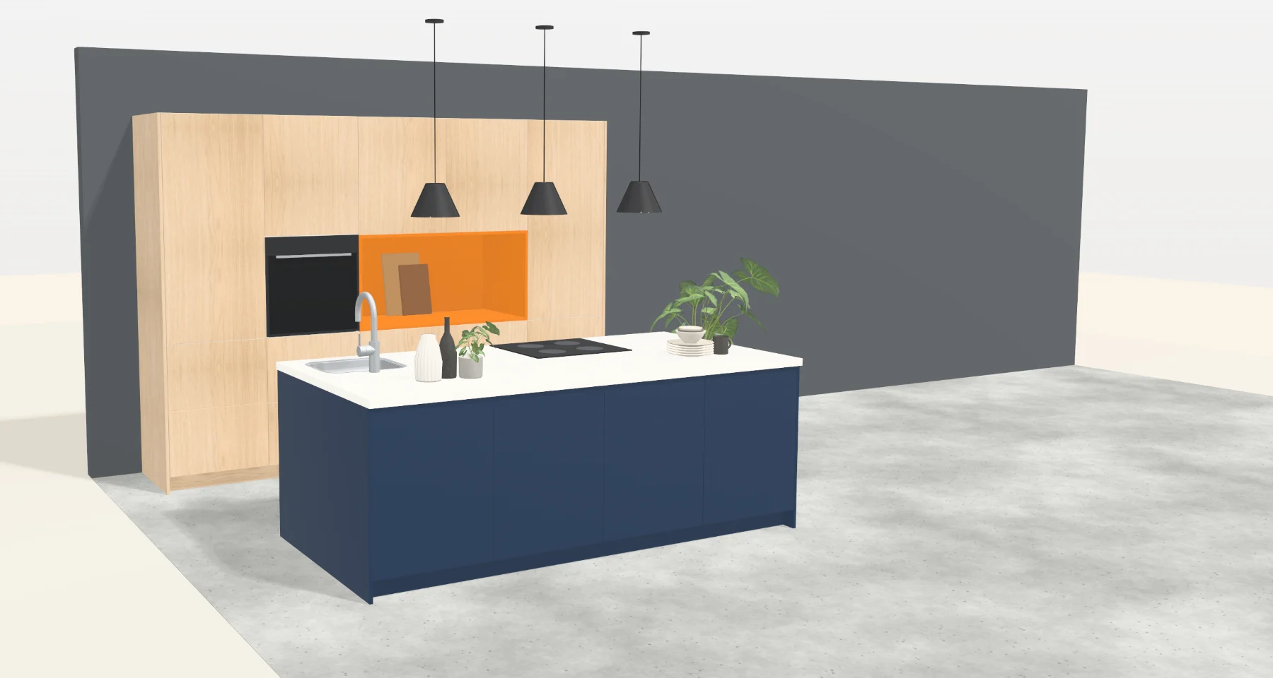 Keuken met hoge kastenwand, oranje nis en kookeiland, ontworpen in Lenselink Studio